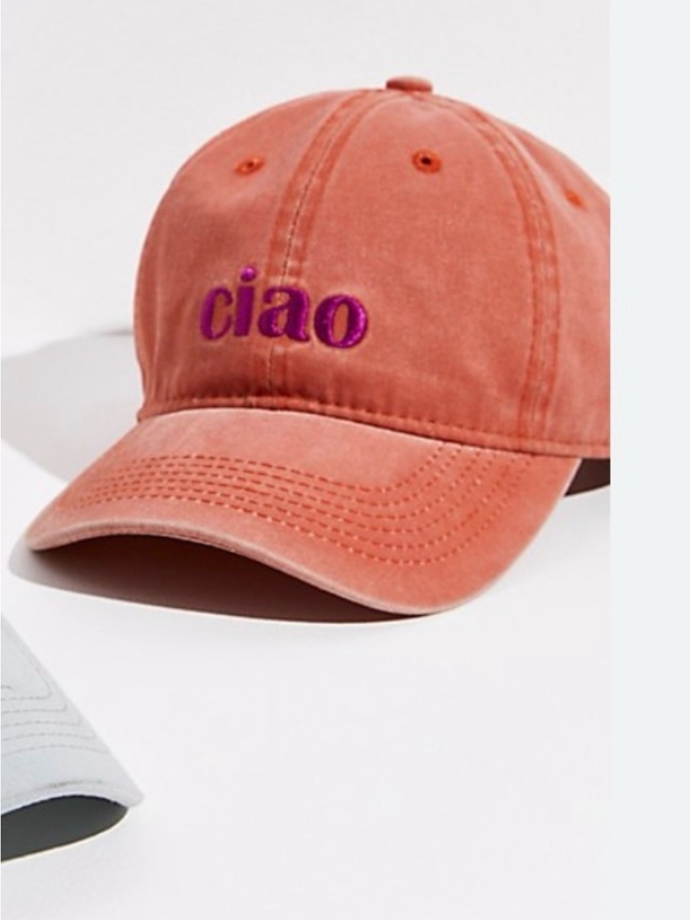 Free People Coral Baseball Cap with Purple 'ciao' Embroidery